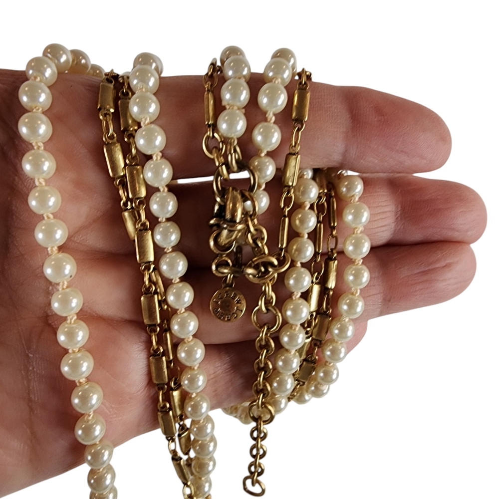 J. Crew long necklace dainty chain gold hand knotted faux pearls double strand